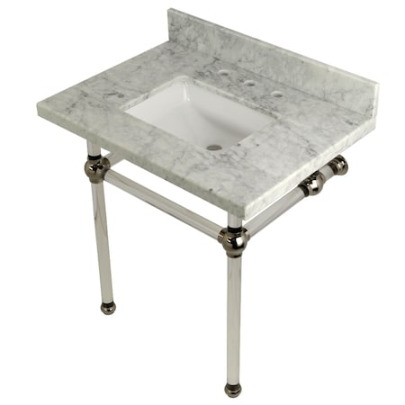 Kingston Brass 30" x 22" Carrara Marble Vanity Top with Clear Acrylic Console Legs, Carrara Marble/Polished Nickel KVPB3030MASQ6